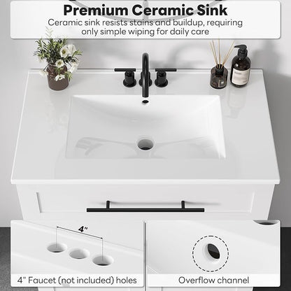 LIKIMIO 30" Bathroom Vanity with Sink, 1 U-Shaped Drawer & 2 Doors, White | Freestanding Bathroom Vanity, Integrated Ceramic Sink, Soft-Close Doors & Drawer, Modern Bathroom Storage Cabinet