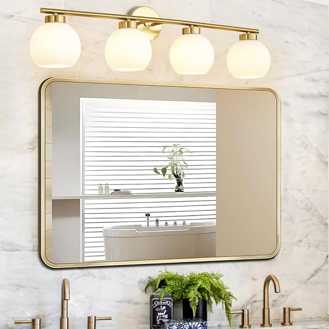 4 Light Bathroom Vanity Light, Gold Bathroom Light Fixtures Over Mirror, Mid Century Modern Wall Light with Frosted Globe Glass Shades, 32 inch Brass Vanity Lights, E26 Socket