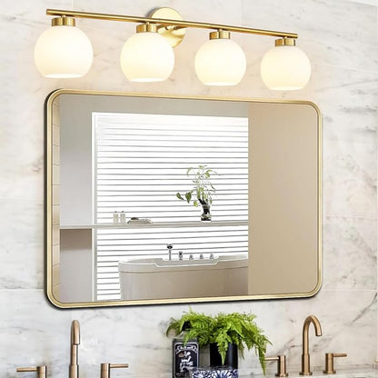 4 Light Bathroom Vanity Light, Gold Bathroom Light Fixtures Over Mirror, Mid Century Modern Wall Light with Frosted Globe Glass Shades, 32 inch Brass Vanity Lights, E26 Socket