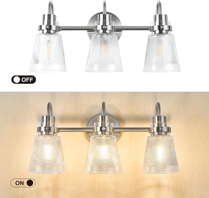 Brushed Nickel Bathroom Light Fixtures, 18.8 Inch Modern Vintage Vanity Lights with Clear Striped Glass Shade, 3-Light Bathroom Wall Sconce Over Mirror for Entryway Bedroom