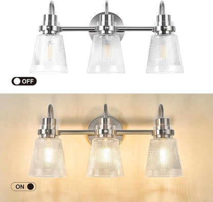 Brushed Nickel Bathroom Light Fixtures, 18.8 Inch Modern Vintage Vanity Lights with Clear Striped Glass Shade, 3-Light Bathroom Wall Sconce Over Mirror for Entryway Bedroom