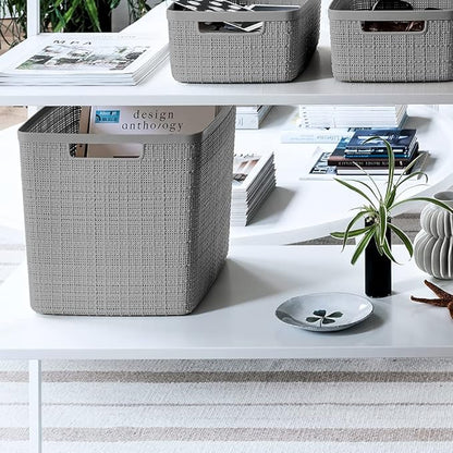 Curver Set of 4 Large Cube 17L Jute Decorative Plastic Organization and Storage Baskets - Perfect Bins for Home Office, Closet Shelves, Kitchen Pantry and All Bedroom Essentials, Grey