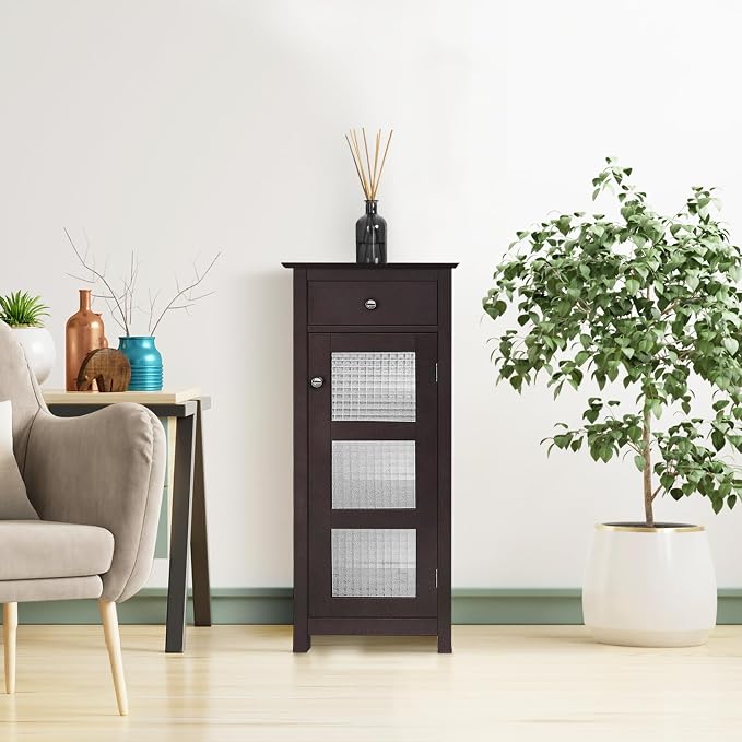 Teamson Home Chesterfield Freestanding Floor Cabinet with Drawer and Waffle Glass Panel, Espresso | Waffle Glass Door, Drawer