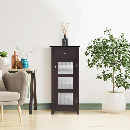 Teamson Home Chesterfield Freestanding Floor Cabinet with Drawer and Waffle Glass Panel, Espresso | Waffle Glass Door, Drawer