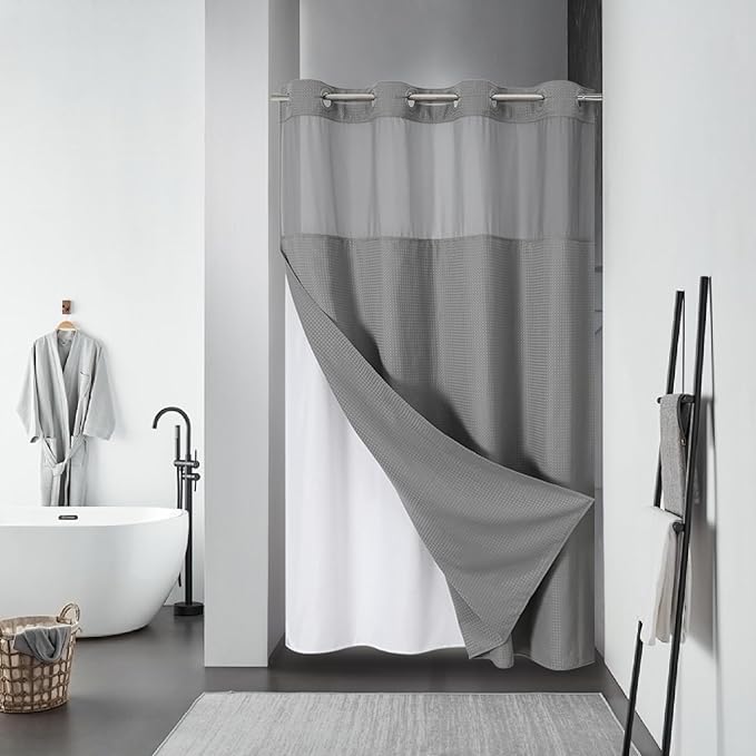 eachope No Hook Waffle Shower Curtain with Snap-in Liner, 60x86 Inch, Grey | 230GSM waffle weave fabric, waterproof liner set with 2 bottom magnets, mesh window, washable, for shower stalls or bathrooms