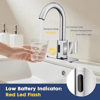 Touchless Bathroom Faucets for 1 or 3 Hole, Tall Body Automatic Bathroom Sink Faucets with Deck Plate,Silver Motion Sensor Commercial Faucets for Bathroom&Kitchen,360° Swivel Spout,Chrome