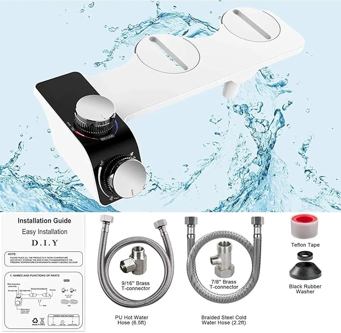 Hot and Cold Bidet Attachment for Toilet, Non-Electric bidet toilet attachment 3 Wash Modes with Adjustable Pressure Self-Cleaning Dual Nozzles for Enhanced Hygiene