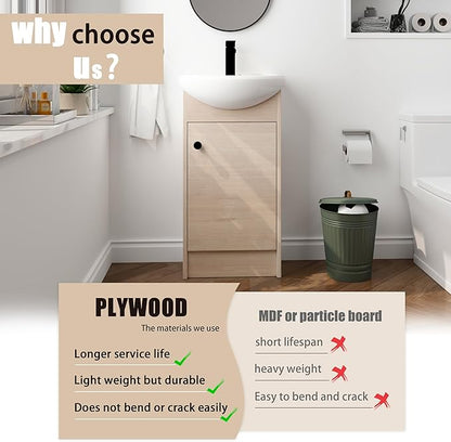18" Bathroom Vanity with Sink, 18 Inch Freestanding Vanity with Soft-Closing Door for Small Space, Modern Single Sink Bathroom Vanity Combo,Brown Floor Standing Cabinet Set (BN-022)