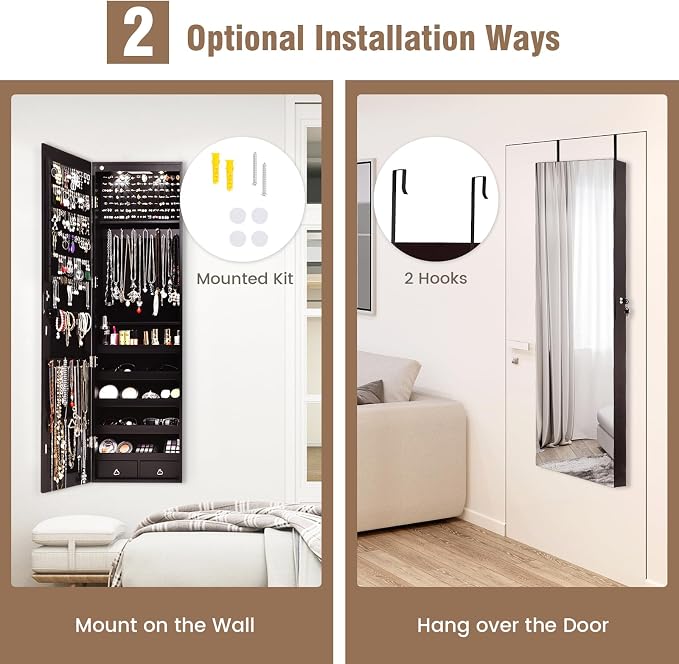 LOKO Mirrored Jewelry Armoire, Wall/Door Mounted Jewelry Cabinet with Full-Length Mirror, Lockable Jewelry Storage Organizer with 2 Drawers & 2 LED Lights, for Girls Women Gift Bedroom (Espresso)