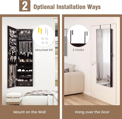 LOKO Mirrored Jewelry Armoire, Wall/Door Mounted Jewelry Cabinet with Full-Length Mirror, Lockable Jewelry Storage Organizer with 2 Drawers & 2 LED Lights, for Girls Women Gift Bedroom (Espresso)