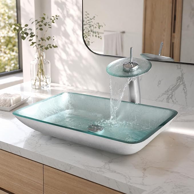 22×14 Inch Tempered Glass Bathroom Vessel Sink, Silver Rectangle | Above Counter, With Faucet and Pop Up Drain Combo, Sinks Bowl for Vanity, Art Basin, Easy Clean and Install