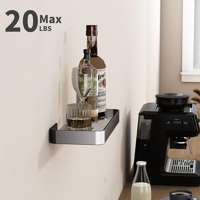12-Inch Wall Shelf, Clear Tempered Glass with Matte Black Aluminum Frame – Versatile Floating Bathroom Organizer