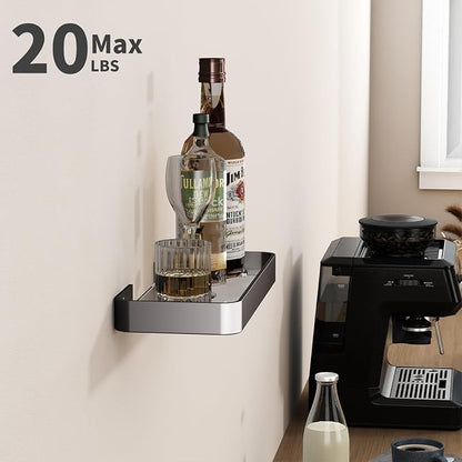 12-Inch Wall Shelf, Clear Tempered Glass with Matte Black Aluminum Frame – Versatile Floating Bathroom Organizer