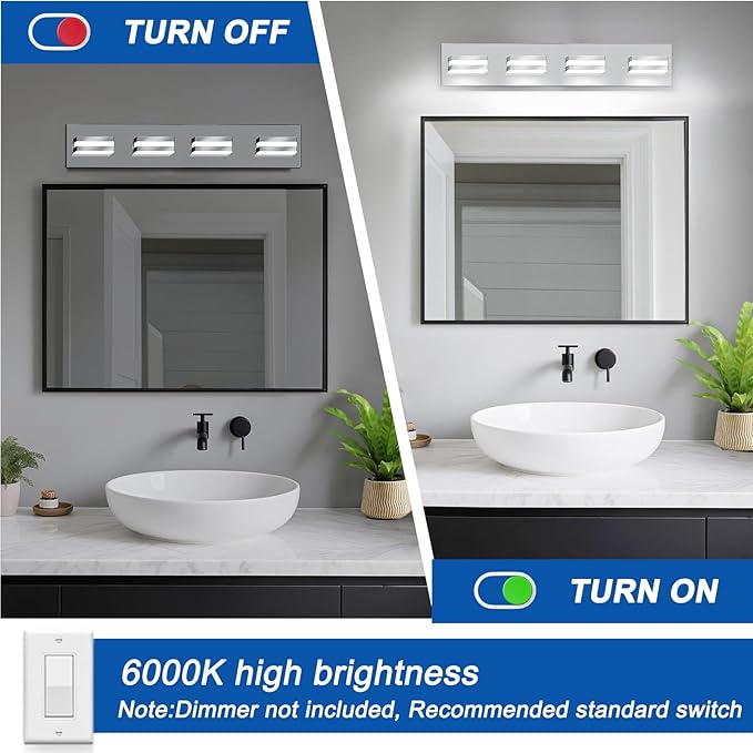 IZORRO LED Modern Bathroom Lights Fixtures(4-Light,Dimmable),Chrome Acrylic Wall Lighting,Vanity Lights for Bathroom Over Mirror - 6000k 24In （No Assembly Required）