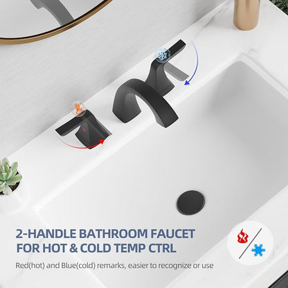 VXV Matte Black Bathroom Sink Faucet 3 Hole Widespread, 8 Inch Vanity Faucet with Pop-Up Drain & Pre-Attached Supply Lines for Easy DIY Installation, Faucet for Bathroom Sink, RV