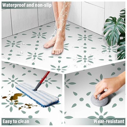Peel & Stick Floor Tiles Self Adhesive Vinyl Flooring for Kitchen Bathroom Laundry Room Pet House Fireplace 10 Sheets 8"x8" Removable Floor Stickers Home Decor DIY (Light Green)