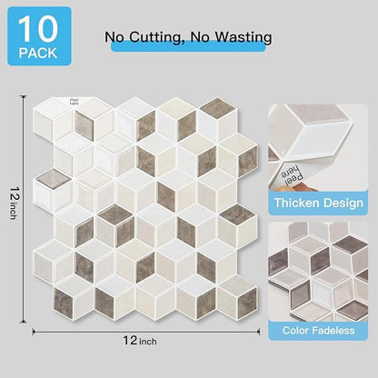 Art3d Peel and Stick Backsplash, 3D Hexagon Wall Tile, 10-Pack, Light Brown | 12 x 12 Inch, Enhanced Thickness, Water Resistant, Easy to Clean, Modern Cube Pattern, for Accent Walls, Furniture Revamps