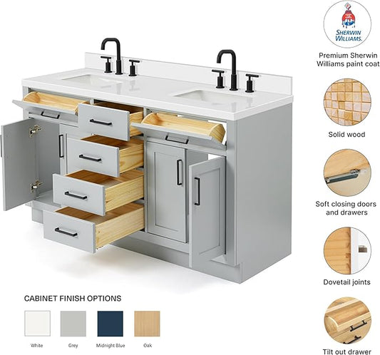 DKB Isabella 60" Grey Double Bathroom Vanity with Sink, 1.5" Edge Pure White Quartz Countertop, Rectangular Undermount Sinks, 4 Soft Closing Doors, 6 Dovetail Drawers