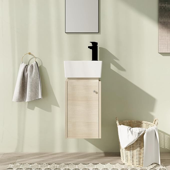 12" Bathroom Vanity with Sink, 12 Inch Floating Bathroom Vanity for Small Space, Modern Bathroom Vanity, White Wall Mounted Cabinet Set（045）