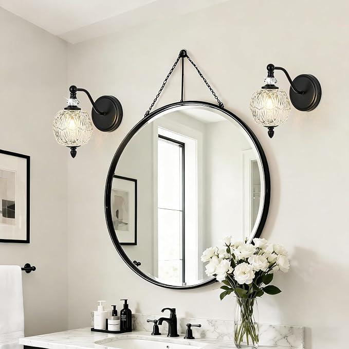 1 Piece Matte Black Wall Sconce, 1-Light Mid Century Farmhouse Style Wall Sconce with Globe Glass Shade, Retro Light for Bathroom, Bedroom, Living Room, Powder Room