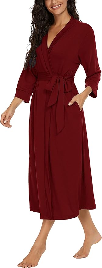 VINTATRE Women Kimono Robes Long Knit Bathrobe Lightweight Soft Knit Sleepwear V-neck Casual Ladies Loungewear