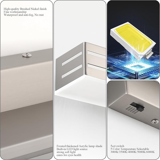 Ralbay 24inch Brushed Nickel Vanity Light with 5 Color Temperature (2700K-6000K) Dimmable Acrylic Metal 24W LED Modern Bathroom Vanity Light Bar