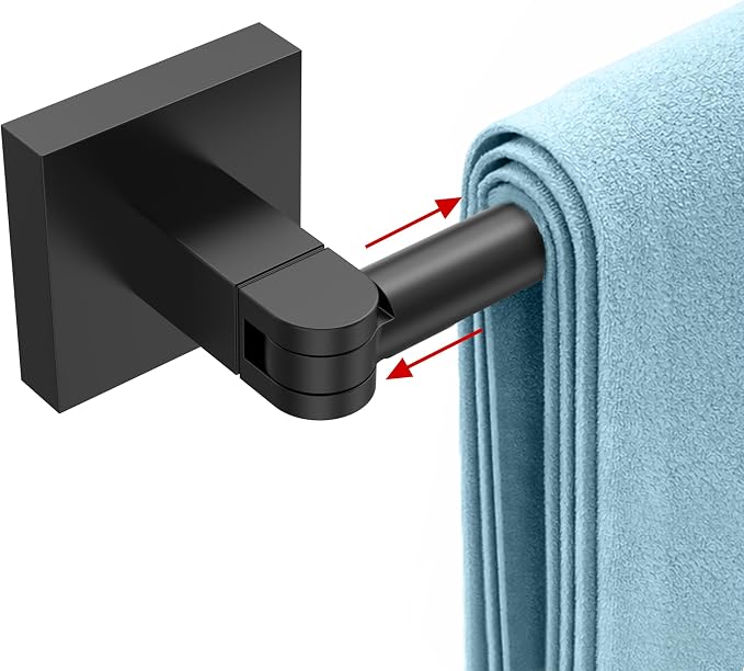 RUACQ Adjustable Towel Bar, Adhesive or Drill Wall Mount Towel Rack, Black | Adjust 15.8 to 26 Inch Towel Racks for Bathroom, 304 Stainless Steel Bath Towel Holder, Rustproof, Square Base, Heavy Duty