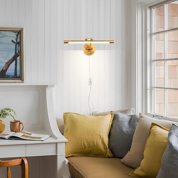 MantoLite LED Bathroom Vanity Light Fixture Dimmable 8W 16inch Gold Pulg in Display Lamps Picture Wall Lights, Indoor Lightings Wall Sconce Ajustable Bedside Reading Lamp, Brass 3000K/4500K/6000K