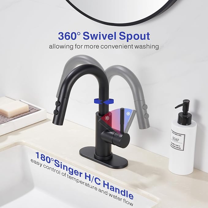 Bathroom Faucet with Sprayer, Matte Black Single Hole with Pop-Up Drain | Kablle Single Handle Pull Out 1 or 3 Hole Laundry Bar Basin Faucet with Deck Plate, KBL-7002B-CL