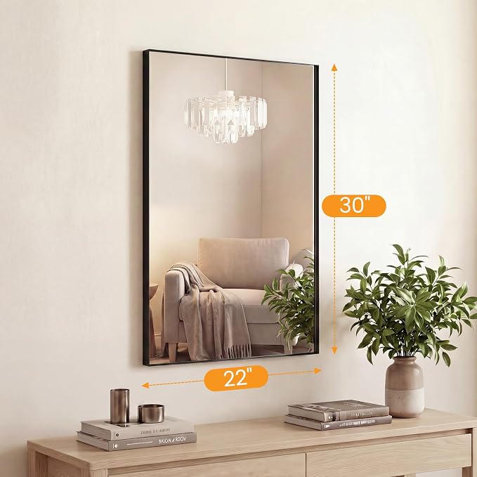 Sweetcrispy Bathroom Mirrors for Over Sink, 22" x 30" Rectangle Wall Mirror | Tempered Glass, Anti-Rust Metal Frame, Over Sink Home Decor, Modern Rectangle Style, Black