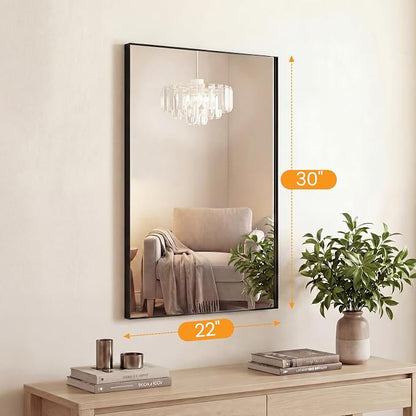 Sweetcrispy Bathroom Mirrors for Over Sink, 22" x 30" Rectangle Wall Mirror | Tempered Glass, Anti-Rust Metal Frame, Over Sink Home Decor, Modern Rectangle Style, Black
