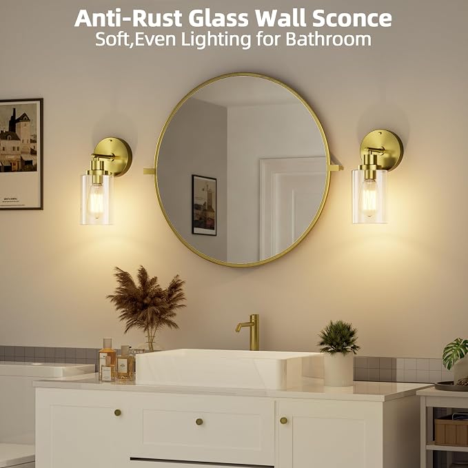 Bathroom Wall Sconce with Clear Glass Shade, Brushed Gold Vanity Light | E26 Bulb Base, Clear Glass Shade, Modern Wall Light Fixture for Mirror, Bedroom, Hallway, Wall Lamp Wall Mount Light