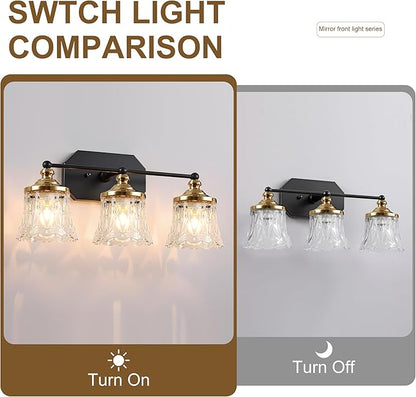 Vintage Bathroom Vanity Light Fixtures, Black and Gold 3-Light Vanity Light, Antique Bathroom Lighting Fixtures Over Mirror with Crystal Glass Shade, Vanity Lights for Bedroom Living Room Hallway