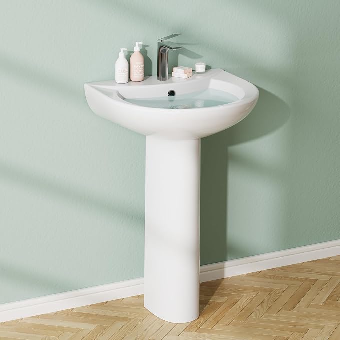Bathroom Pedestal Sink, Pedestal Sink Combo for Restroom, 20 in L X 17 in W White Freestanding Ceramic Pedestal Sink With Overflow Hole and Pre-Drilled Single Hole