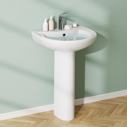 Bathroom Pedestal Sink, Pedestal Sink Combo for Restroom, 20 in L X 17 in W White Freestanding Ceramic Pedestal Sink With Overflow Hole and Pre-Drilled Single Hole