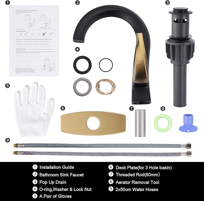 WOWOW Single Handle Bathroom Faucet 1 Hole High Arc Bathroom Basin Faucet Black and Gold with Pop-up Drain, Solid Brass Commercial Bathroom Sink Basin Vanity Bar Faucet (Patented Product)