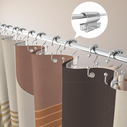 3 in 1 Shower Curtain Set, Boho Mid Century Modern, Brown | Polyester Bath Curtain with Magnetic PEVA Liner and 12 Double Sided Stainless Steel Hooks 72x72 Inches