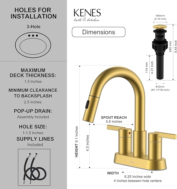 KENES Brushed Gold Centerset Bathroom Faucet with Pull Out Sprayer, 4 Inch 2 Handle Pull Down Bathroom Faucet 3 Hole, Bathroom Sink Faucet with Pop Up Drain & Supply Lines LJ-9069-4