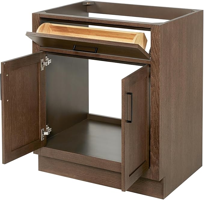 ARIEL Hepburn 30-inch Bathroom Vanity Base Cabinet,Solid Wood, 2 Soft Closing Doors, 1 Dovetail Drawers, Brown Oak