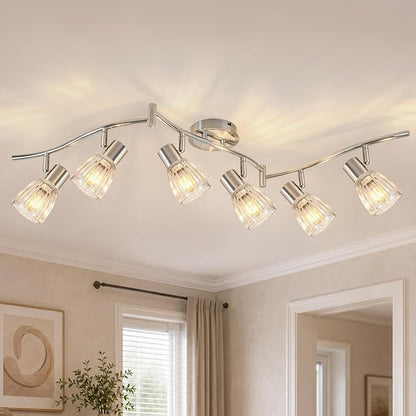 HiBay 6-Light Track Lighting, Flexible Ceiling Light Fixture w/Glass Shade | Modern Chrome Track Spot Lights Indoor for Kitchen, Living Room, Bedroom, Home Office, E12 Base, No Bulbs