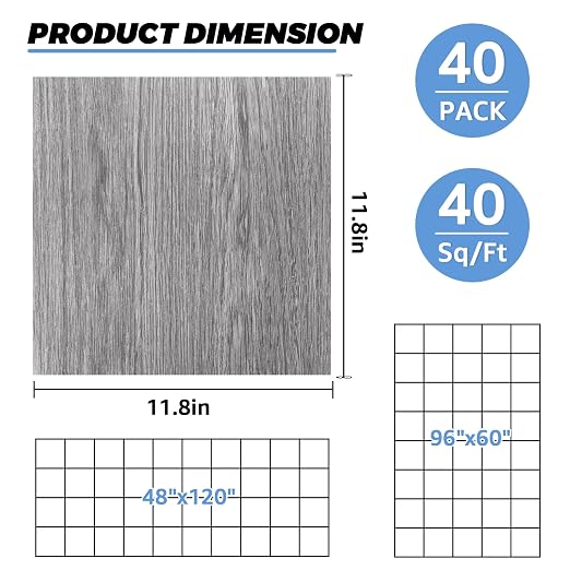 Vinyl Flooring 12"x12" Peel and Stick Floor Tile Vertical Grey Wood | 40 Sheet Waterproof Vinyl Floor Tiles Self Adhesive Floor Tiles Clearance Sticky Laminate Flooring Stick on Bathroom Kitchen