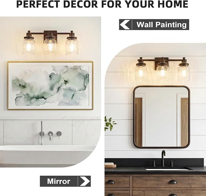 3 Light Bathroom Vanity Light Fixtures Farmhouse Oil Rubbed Bronze | ETL Certificate, Easy to Install,Wall Mount Up or Down,Hammered Glass Lampshade,E26 Socket,Hardwired,120V
