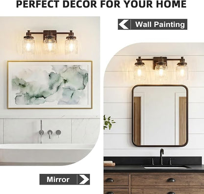 3 Light Bathroom Vanity Light Fixtures Farmhouse Oil Rubbed Bronze | ETL Certificate, Easy to Install,Wall Mount Up or Down,Hammered Glass Lampshade,E26 Socket,Hardwired,120V