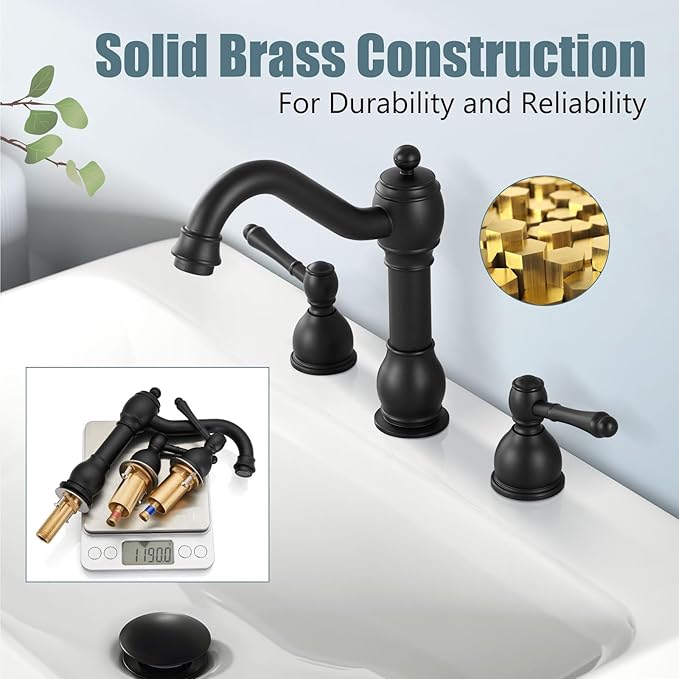 Aolemi 8 Inch Widespread Bathroom Sink Faucet 3 Hole Deck Mount Vanity Basin Mixer Tap with Pop Up Drain Assembly Matte Black Double Lever Handle