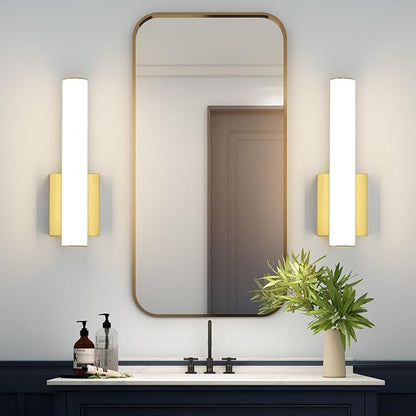 15.7 Inches Modern Bathroom Led Wall Sconces,18W 3000K Hardwired Wall Light with White Acrylic Lampshade,Indoor Bathroom Vanity Light for Mirror Bedroom Living Room Hallway(Gold,2Pack)