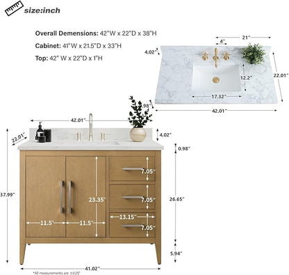 HomeBeyond 42 Inch Bathroom Vanity with Sink & Ceramic Top, Single Vanity Cabinet with Basin, Soft-Closing Doors & Matte Black Hardware, Natural Oak