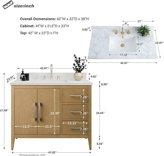 HomeBeyond 42 Inch Bathroom Vanity with Sink & Ceramic Top, Single Vanity Cabinet with Basin, Soft-Closing Doors & Matte Black Hardware, Natural Oak