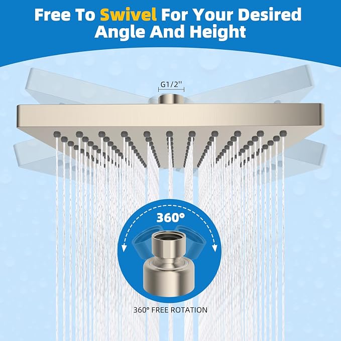 Hibbent cUPC Certified Thickness Metal 8'' Rain Shower Head, Brushed Nickel | High Pressure Shower Head, Bathroom Waterfall Shower Heads, High Flow Fixed Showerheads with Adjustable Brass Ball Joint