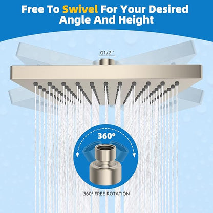 Hibbent cUPC Certified Thickness Metal 8'' Rain Shower Head, Brushed Nickel | High Pressure Shower Head, Bathroom Waterfall Shower Heads, High Flow Fixed Showerheads with Adjustable Brass Ball Joint