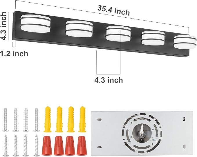 GOODATE 3 Color Temperature Dimmable Bathroom Light Fixtures Over Mirror, LED Black 5 Light Vanity Lighting Fixtures, Acrylic Stainless Steel Oval Shade Vanity Lights for Bathroom, ETL Certificated